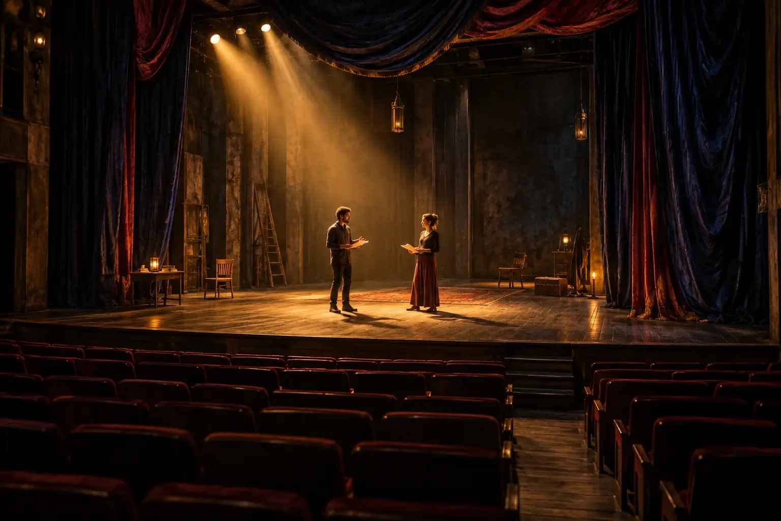 Illustrative theater rehearsal under warm stage lights