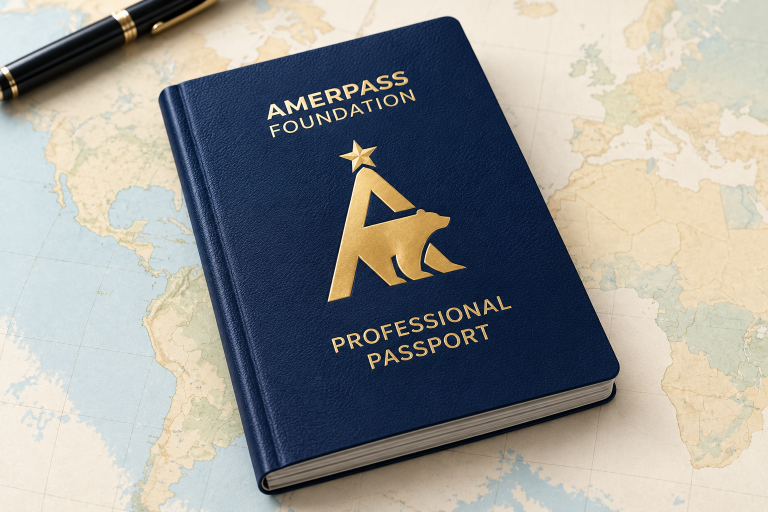 Conceptual illustration of a closed Amerpass professional passport